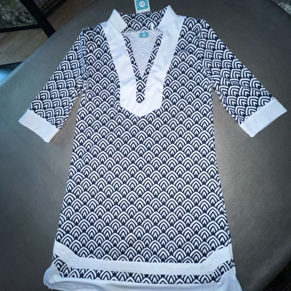 Vera Fishbaugh nautical 3/4 sleeve navy white dress NWT